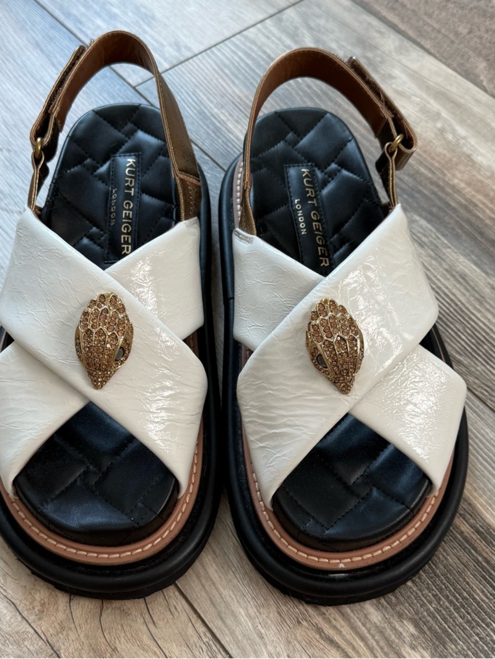 Kurt Geiger White Crisscross Slingback Sandals with Gold Accent